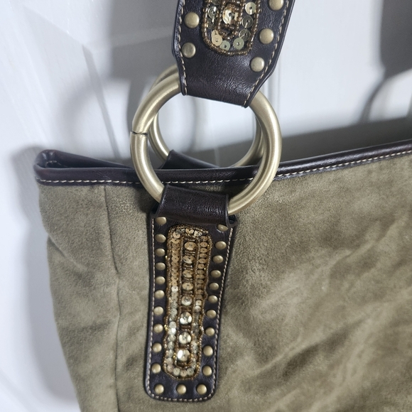 Franco Sarto Green and Brown Shoulder Bag with Gold Accent Vintage Boho Design - Picture 12 of 13